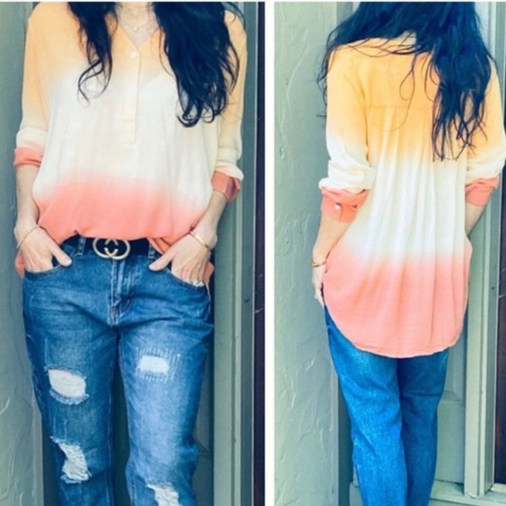 Boho V-Neck Tunic Ombre` Button Front Dip Dye Top NEW - Picture 3 of 12